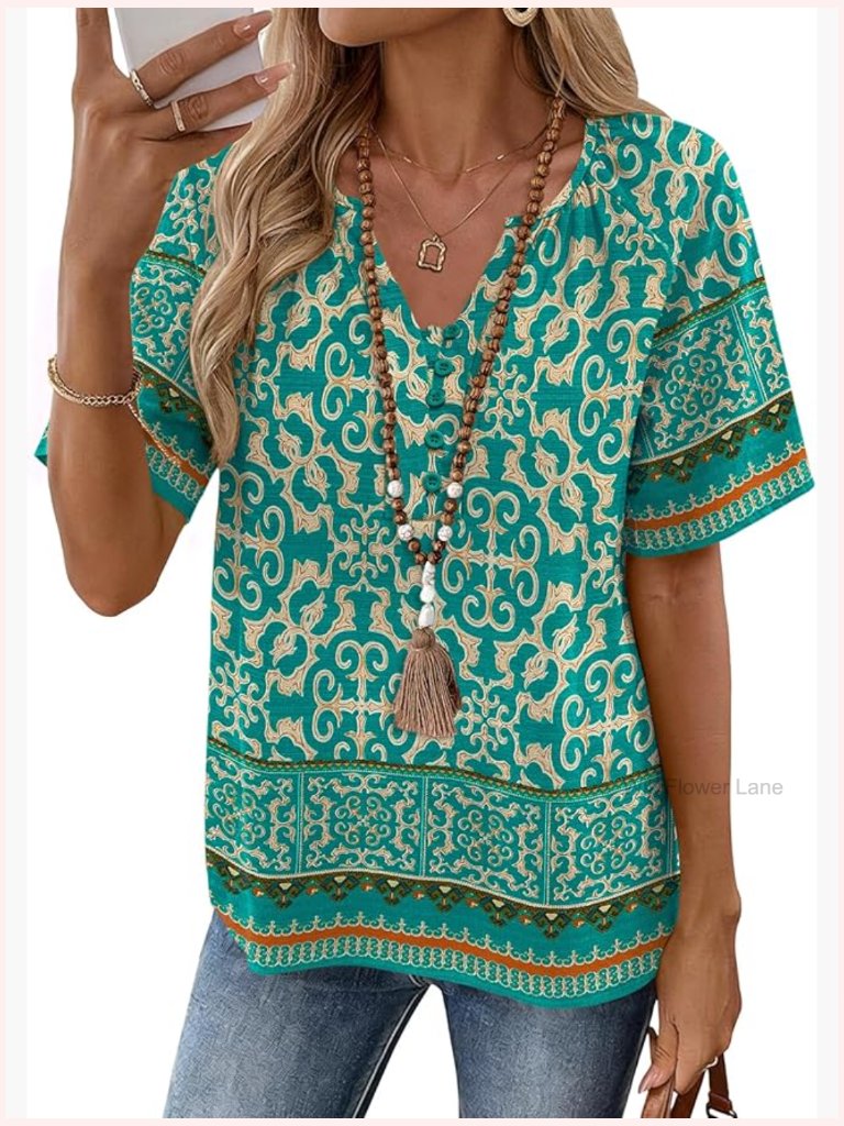Womens Boho Short Sleeve Blouse Button Down Shirt Vacation Top